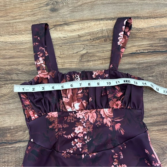 ASOS Floral Corset Pencil Ruched Bust Midi Dress in Burgundy Purple 6 NWOT - Picture 10 of 13